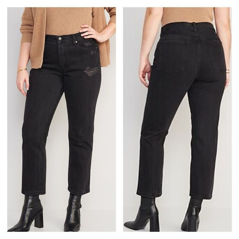 Old Navy Women's Distressed Slouchy Straight Cropped Jeans Black Denim Size 12